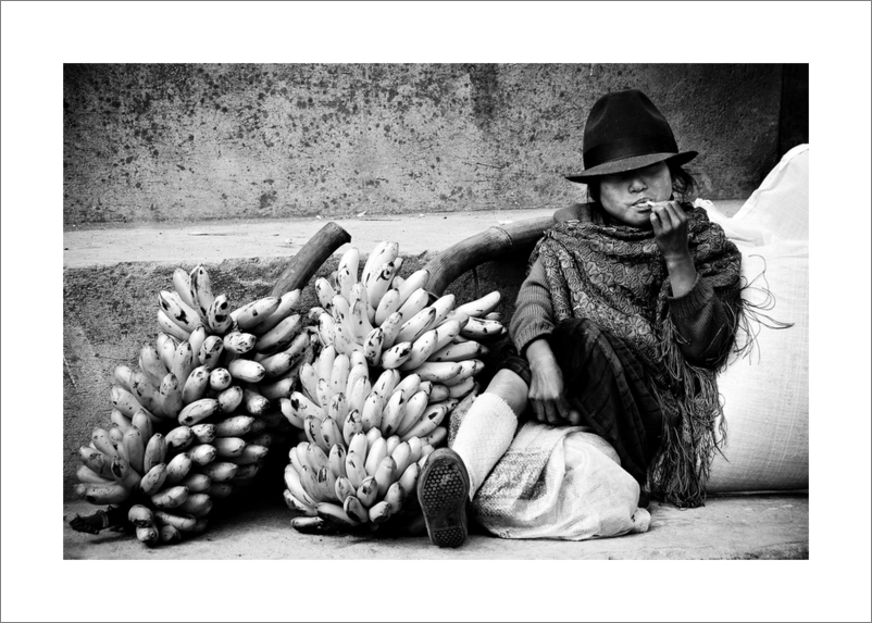 Woman selling bananas in Ecuador black and white travel photography
